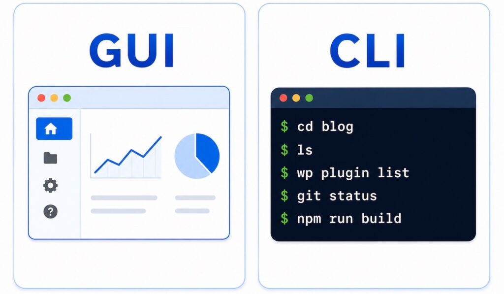 GUIの画面操作と、コマンドを入力するCLI操作の違いを比較した図