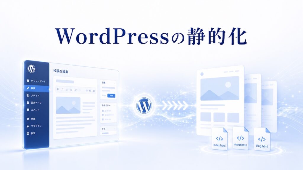 WordPressで作成したサイトを静的ファイルへ変換する流れを表したイメージ